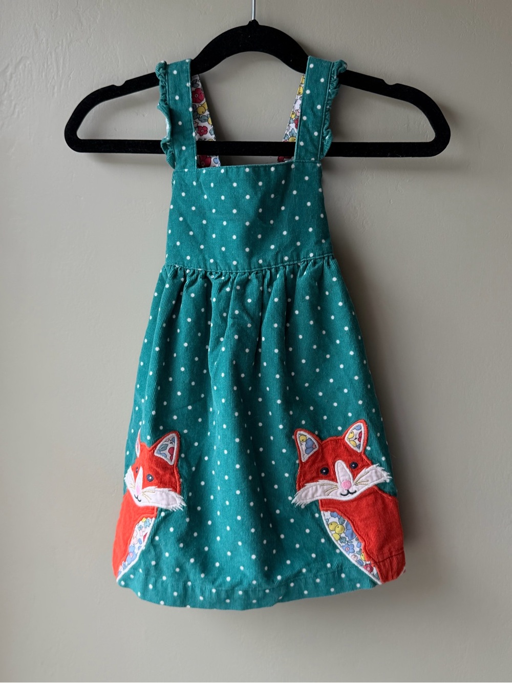 Baby Boden Green Teal Corduroy Fox Appliqué Polka Dot Pinafore Pinnie Dress
